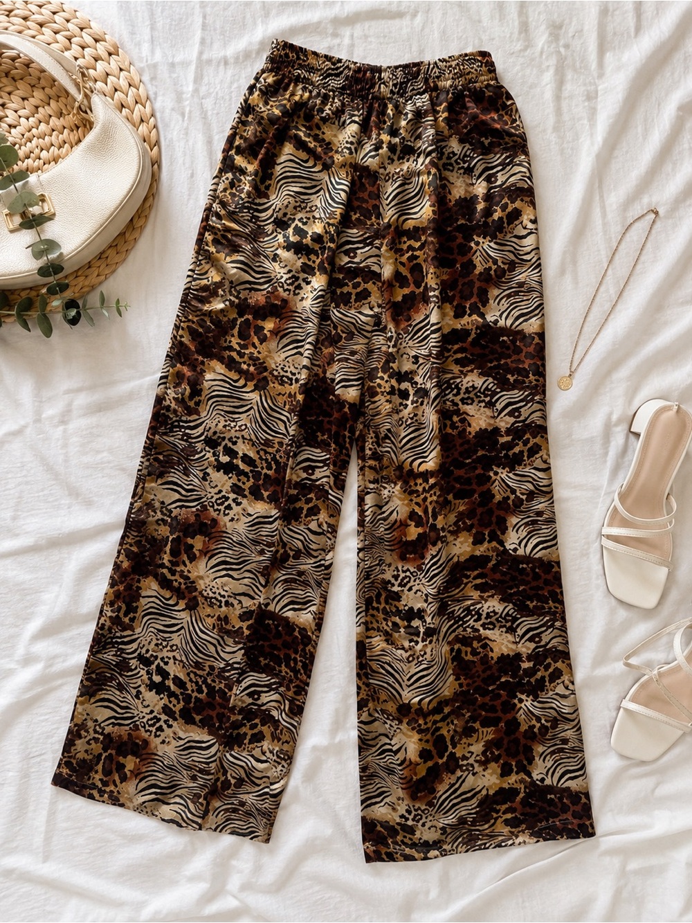Animal-Print Wide Leg Pants — Brown Multi